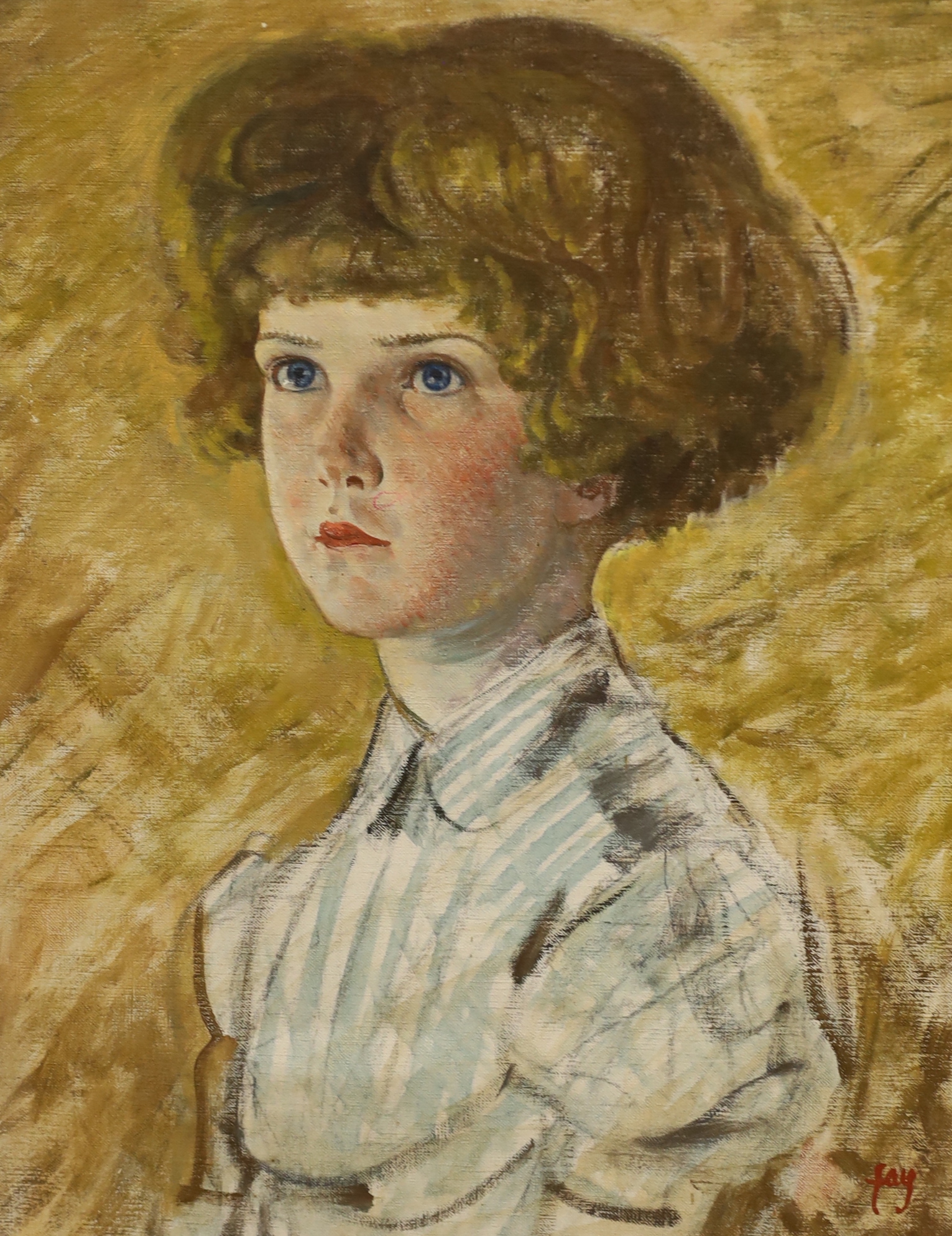 Clark Fay (1895-1956), oil on canvas, Portrait of a young girl, signed, label verso, 51 x 40cm, unframed